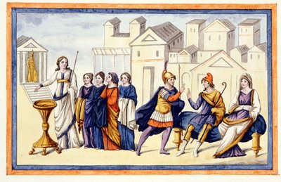 In Troy, women beg Athena while Hector farewells his wife Andromache. The Iliad, chant VI, engraving from the end of the 18th century. by Unknown artist