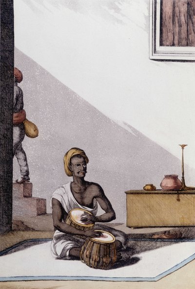 Indian culture and civilization: musician playing tablas, traditional musical instrument, India. Engraving 1808 by Unknown artist