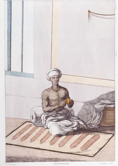 Indian culture, civilization and society: musician with traditional Indian percussion. Engraving from 1808 by Unknown artist