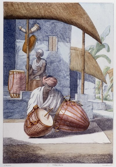 Indian Culture, Civilization and Society: Musician with Traditional Indian Percussion (Tikora). Engraving from 1808 by Unknown artist