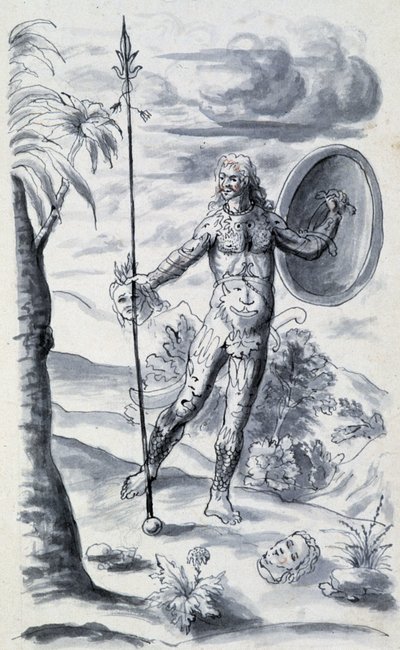 Indian in War Paintings Having Cut Off the Heads of His Enemies - in 