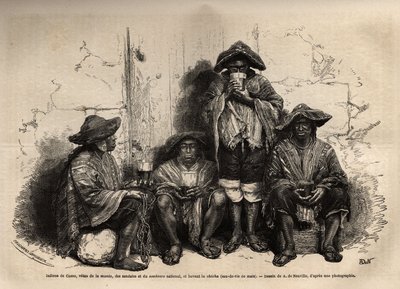 Indians of Cuzco (Peru), vetus of the manta, sandals and traditional sombrero, employed as labour for the exploitation of guano deposits in the Chincha Islands, drinking shisha, but fermented brandy. Engraving to illustrate Les iles Chincha, rect by L.Simo by Unknown artist