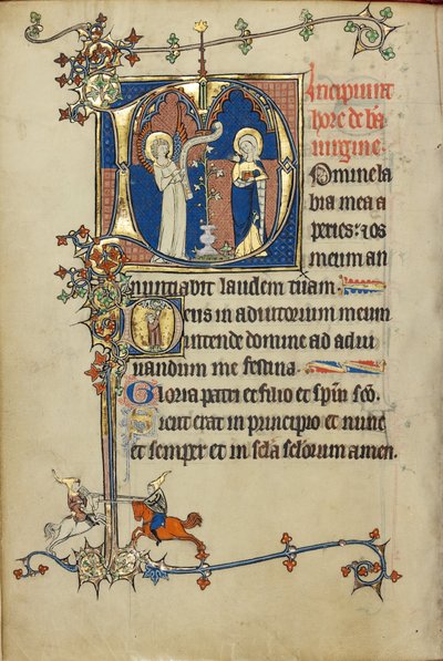 Initial D: The Annunciation; Initial D: A Young Man Praying to Christ in the Clouds by Unknown artist