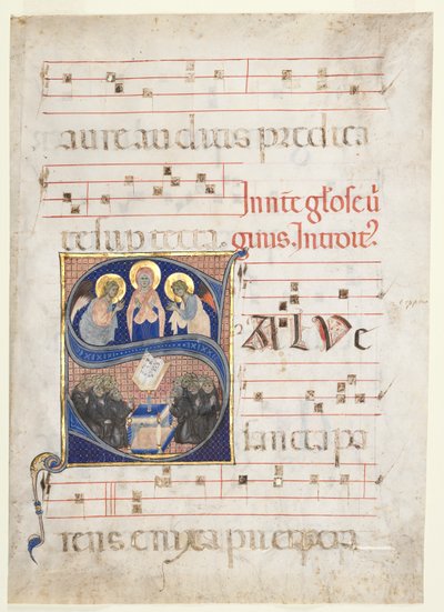 Initial S[alve sancta parens] with the Virgin Adored by Angels, and Singing Benedictine Monks: Single Leaf from a Gradual by Unknown artist
