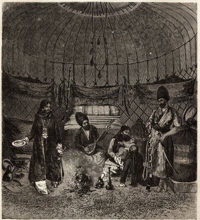 Inside a Turkish tent (Turkmena, Iraq), home to a family, with a barhchi (musician, storyteller) accompanied by the dutare to sing or recite poetry. Engraving to illustrate the story of Henri de Blocqueville 
