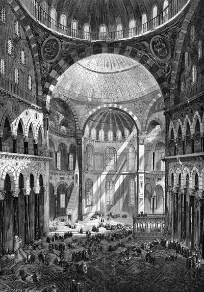 Internal view of the mosque of Saint Sophia (Hagia Sophia) (Byzantine art of the 6th century) in Constantinople in 1858. by Unknown artist