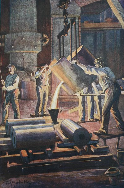 Iron foundry, foundry house, mould casting of the molten iron by Unknown artist