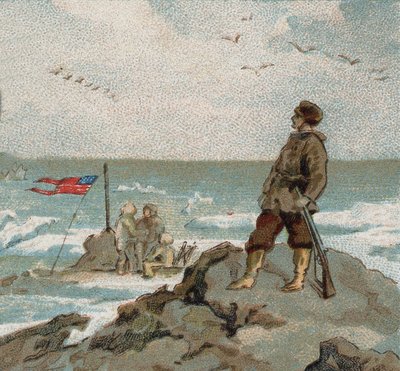 Isaac Israel Hayes Bearing the American Flag on the Shores of the Polar Sea. Chromo of the Late 19th Century by Unknown artist