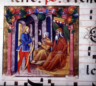 Isaac invites Esau to hunt. 15th century manuscript. 15th century antiphonary. Library of Lodi by Unknown artist