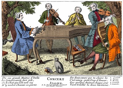 Italian Concert (Baroque Music) with Scarlatti, Tartini, Martini, Locatelli, Lanzetti, and a Singing Cat. Engraving of the 18th Century by Unknown artist