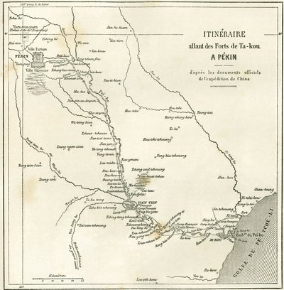 Itinerary along the Hai He River near Tien Tsin (Tien-Tsin, Tianjin) to Pekin (Beijing), China. Carte, in Le Tour du Monde, Nouveau journal des Voyages, edited by Edouard Charton, Paris by Unknown artist