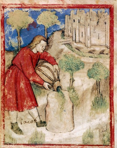 Jacob poured oil on the stone that had served him as a cushion (Miniature from Codex 212 or Bible of Padua, 1390-1400) by Unknown artist