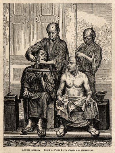 Japanese Barbers in Their Shop. Engraving to Illustrate the Voyage to Japan, in 1863-1864, by Aime Humbert, Minister of the Swiss Confederation, in Le Tour du Monde, Nouveau Journal des Voyages by Unknown artist
