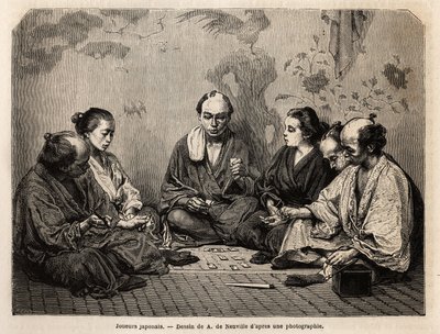 Japanese players in the middle of cards. Engraving to illustrate Japan, travel story by Aime Humbert, minister of the Swiss Confederation, in 1863-1864, published in Le tour du monde, nouveau journal des voyages, under the direction of Edouard Charton by Unknown artist