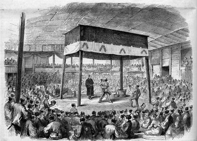 Japanese wrestler fight Sumo in Osaka, Japan. From a drawing by C. Wirgman. Engraving in “The Illustrious Universe” by Unknown artist