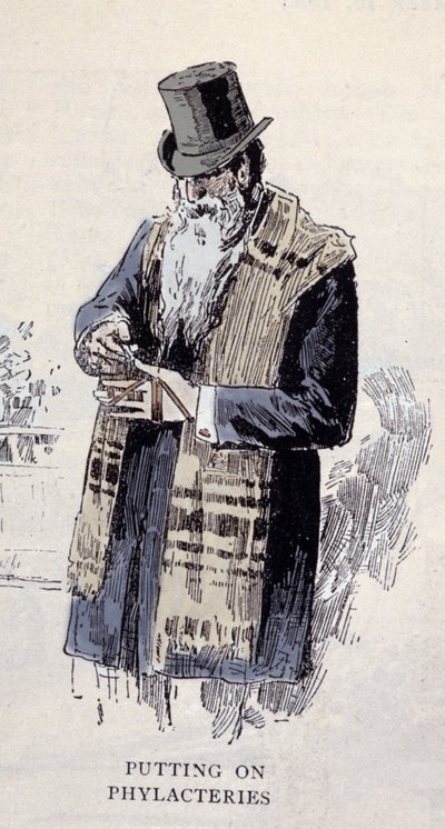Jewish religion: an old Jewish man wearing the prayer shawl (Talit or Tzitzit), engraving from 1890 by Unknown artist