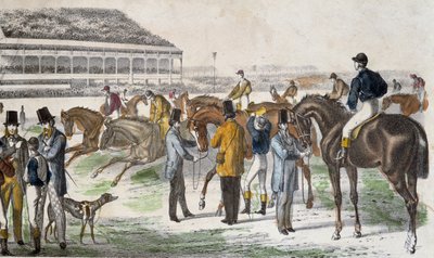 Jockeys and their horses before the race - engraving, c. 1850 by Unknown artist