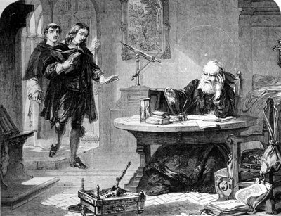 John Milton, English poet and essayist (1608 - 1674) visited Galileo Galilei (Galileo) (1564 - 1642) in his cell of the Florence Inquisition. Engraving. 1860 approx. by Unknown artist