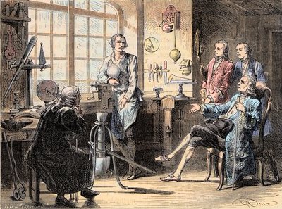 Joseph Black visiting James Watt in his Glasgow workshop by Unknown artist
