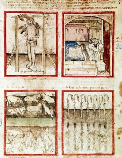 Joseph interprets the dreams of the basket maker who ends his head cut. At the top right, the pharaoh dreams of the seven fat cows, premonition of the years of abundance and the seven lean cows of the years of starvation by Unknown artist