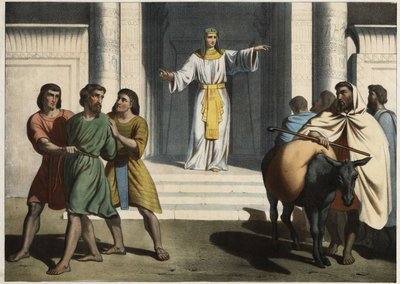 Joseph keeping Simeon hostage: Joseph the Patriarch asks his brothers to introduce him to the younger Benjamin and keeps Simeon hostage waiting for their return. Anonymous engraving from the middle of the 19th century. by Unknown artist