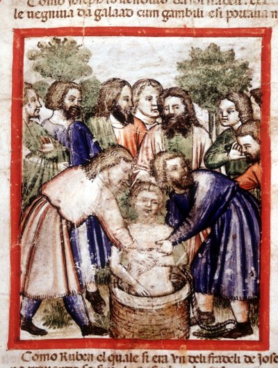 Joseph Sold by His Brothers and Thrown into the Well. Miniature from Codex 212 (or Padovano Codice or Bible of Padua) 1390-1400, Rovigo, Accademia dei Concordi by Unknown artist