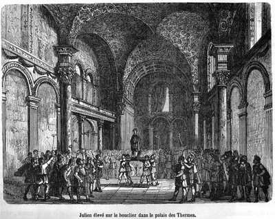 Julien raised on the Shield in the Thermal Palace - in Histoire de France by Henri Martin, 19th century by Unknown artist