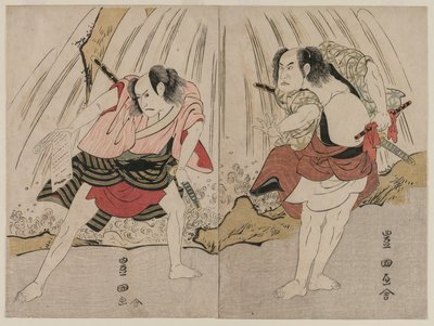 Kataoka Nizaemon VII and Ichikawa Yaozo III in a Confrontation Beside a Waterfall by Unknown artist