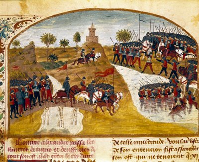 King Alexander the Great and his army pass the Tiger and the Euphrates. Miniature from 