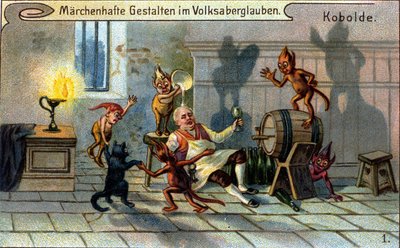 Kobolds, little elves or farfadets of the German popular tradition. Chromolithograph of the 19th century by Unknown artist