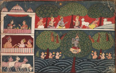 Krishna Steals the Clothes of the Milkmaids and Expounds on the Virtue of Trees, from a Braj Bhagavata Purana by Unknown artist