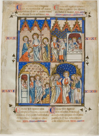 Leaf from a Picture Cycle: Christ Appearing to the Three Marys, Christ and the Pilgrims on the Road to Emmaus, Doubting Thomas, and Christ Appearing to the Apostles by Unknown artist
