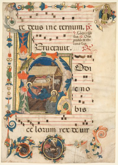 Leaf from an Antiphonary with Historiated Initial (H) with The Nativity (recto) by Unknown artist