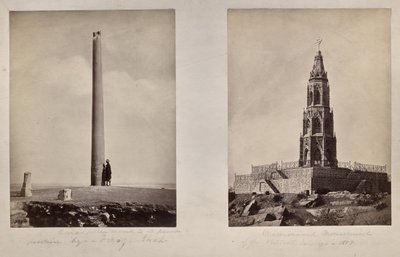 Left: Ashoka Pillar moved to its present position by Feroz Shah. Right: Memorial Monument of the British Soldiers in 1859 by Unknown artist