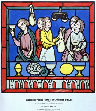 The money changers of Le Mans - Facsimile from a stained glass window of the Cathedral of Le Mans from the 13th century. 19th century layer. by Unknown artist