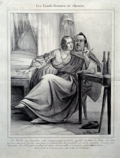 Les grands hommes en chemise Representation of the writer Honore de Balzac (1799-1850) enlacing a young woman while smoking a cigarette by Unknown artist
