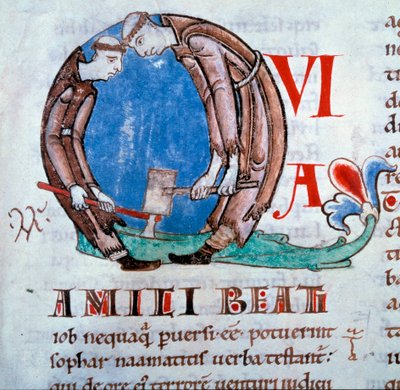 Lettrine Q Representing the Defrichant Monks (Miniature from Moralia in Job by St. Gregoire I) by Unknown artist