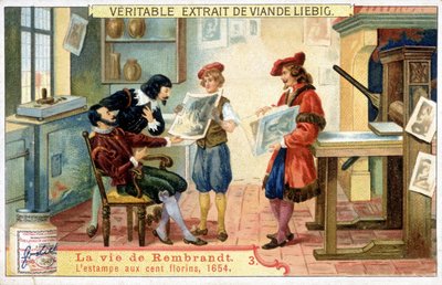 Liebig Chromolithography on the Life of Rembrandt (1606-1669), Dutch Painter. This is the 100 Guilder Print in 1654 by Unknown artist