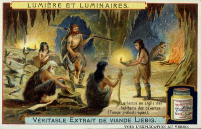 Light and Light Fixtures: The Clay Lamp of Cave Inhabitants During Prehistoric Times. Illustration on Liebig Packaging by Unknown artist