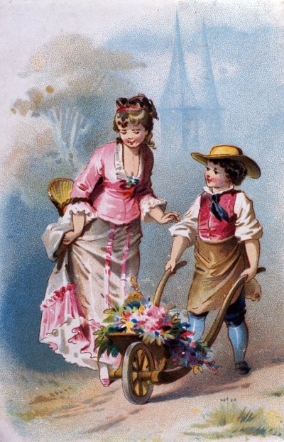 Little Gardener: A Young Boy with a Wheelbarrow Full of Flowers Talks with a Young Woman on the Way to a Village by Unknown artist