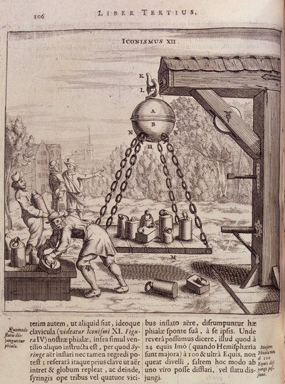 Loading suspended Magdeburg hemispheres - in Ottonis de Guericke: Experimenta Nova Magdeburgica de vacuo spatio by Otto von Guericke by Unknown artist