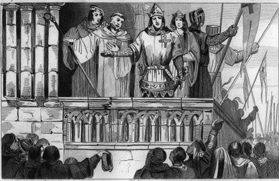 Louis VII (1120-80) the Young raises support for the Second Crusade in 1144 - Louis VII undertakes the 2nd Crusade after the advice of Saint Bernard de Clairvaux - Engraving 1825 in Histoire de France represented by synoptic by Unknown artist
