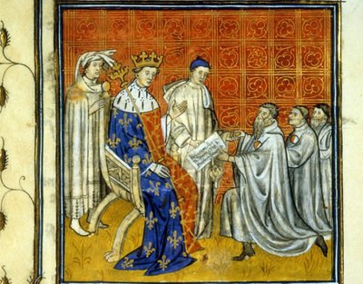 Louis X grants a charter to the Jews of the kingdom - Redemption by the Jews, in 1315, of their right to return to the kingdom of France after the expulsion of 1308 by Philip the Bel. They are identifiable by the white and red wheel. Illumination by Unknown artist