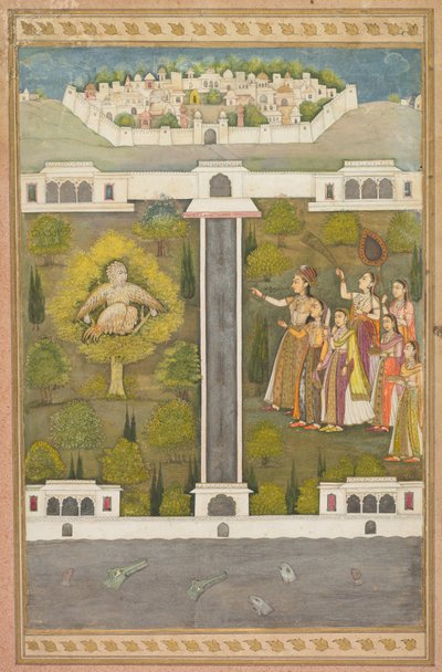 Mahliqa, Daughter of the Emperor of China, Pointing at the Bird-Man Khwaja Mubarak: A Leaf from a Poetical Romance Relating to Shah Alam I (verso); Stenciled Scenes of Lion and Gazelle (verso) by Unknown artist