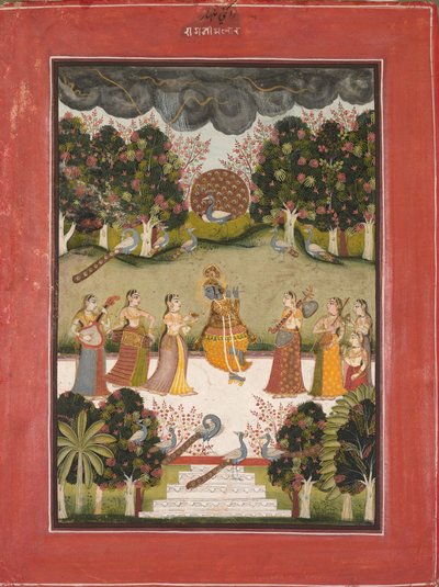 Malar Ragini: Krishna Playing the Flute to Seven Gopis Holding Musical Instruments, from the Ragamala Series by Unknown artist