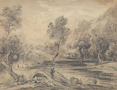 Man Crossing Hump-Backed Bridge Over a River with Cattle Watering by Unknown artist