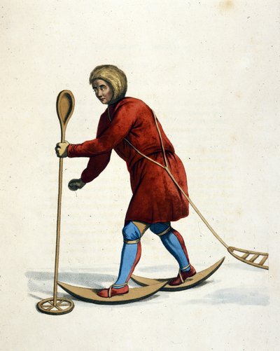 Man of the Ostiak tribe (Khanty or Khante) (Siberia) skiing. Engraving from 