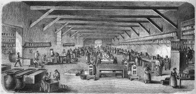 Manufacture of mustard and canned food at Louit Freres in Bordeaux. Bottles and packaging room. Engraving from 1865. by Unknown artist