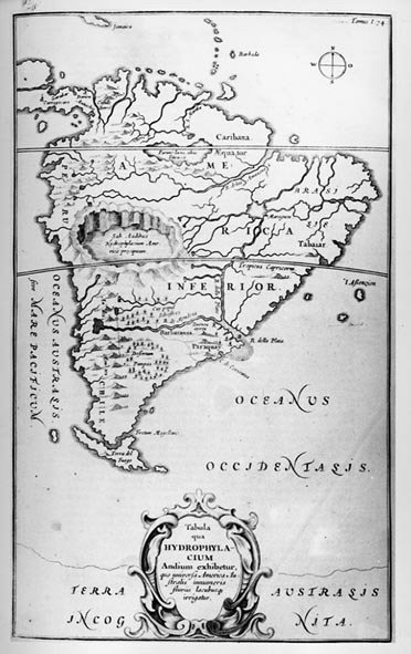 Map of the rivers of South America - in The Subterranean World, Athanasius Kircher, circa 1600 by Unknown artist