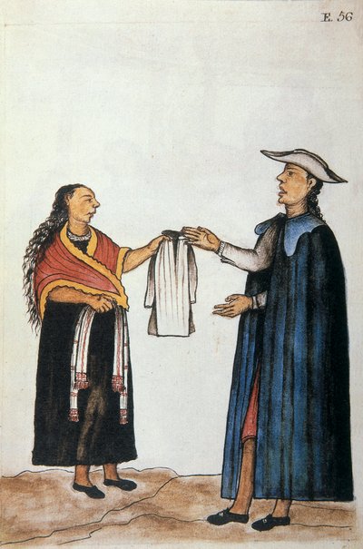 Marriage arrangement between Indians, negotiation about the outfit of the bride, from the book Trujillo del Peru or Codice Martinez Compañón, by Baltazar Martinez Compañón y Bujanda, bishop of Trujillo (1782-1785) by Unknown artist